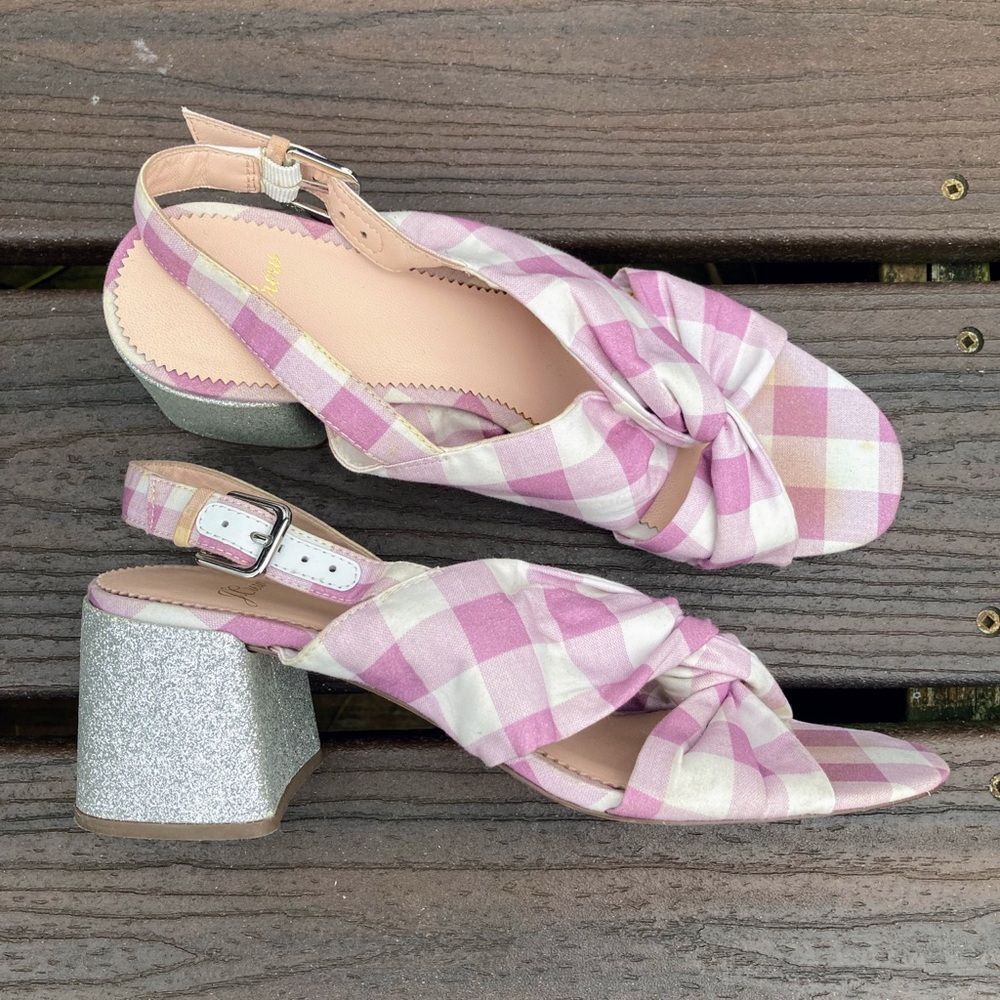 J. Crew JCrew Twisted Knot Penny Sandals Gingham Purple Silver Glitter Heel 8.5